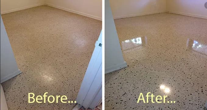 Original terrazzo floor restored from dull and worn to a glossy polished finish in a Tampa Bay home